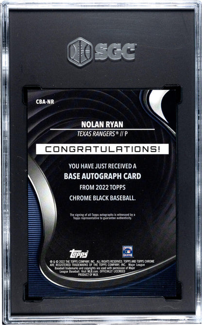 Back side of a 2022 Topps Chrome Black Refractor Nolan Ryan SGC 10 Texas Rangers card