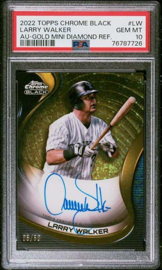 2022 Topps Chrome Black Refractor Gold Mini-Diamond #CBA-LW Larry Walker PSA 10 GEM MINT Auto 5/50 Colorado Rockies Baseball Card Image 1