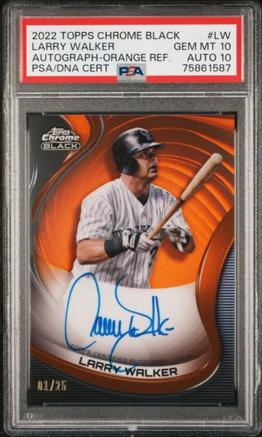 2022 Topps Chrome Black Refractor Orange #CBA-LW Larry Walker PSA 10 GEM MINT Auto 1/25 Colorado Rockies Baseball Card Image 1