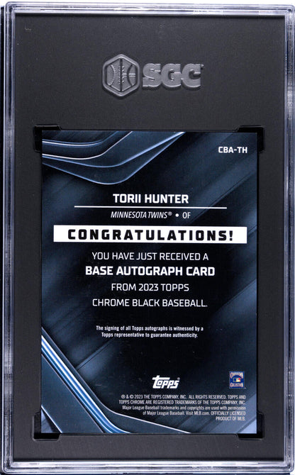 Back of 2023 Topps Chrome Black Torii Hunter SGC 10 baseball card in protective case