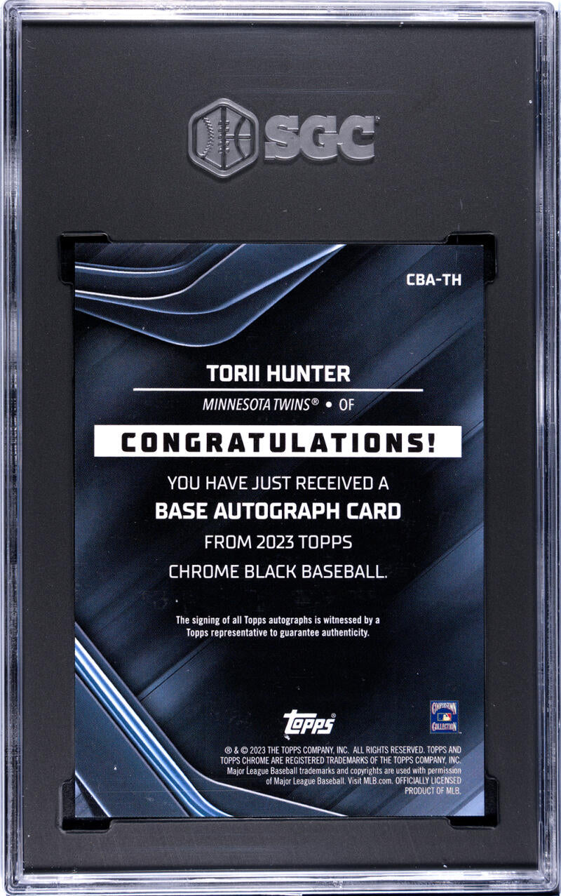 SGC-graded Torii Hunter auto from 2023 Topps Chrome Black Minnesota Twins Baseball card