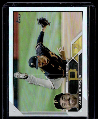 Baseball trading card featuring Zach Thompson and Pittsburgh Pirates in rainbow foil design