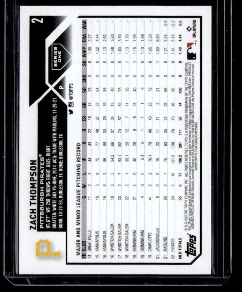 Baseball trading card featuring Zach Thompson with Pittsburgh Pirates stats on black background