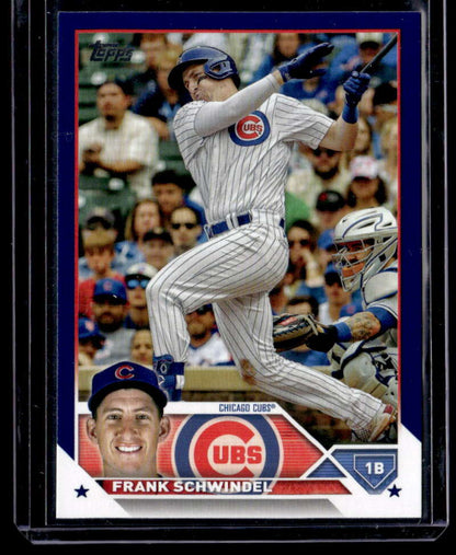 Frank Schwindel Chicago Cubs player in pinstriped uniform at bat on Royal Blue baseball card