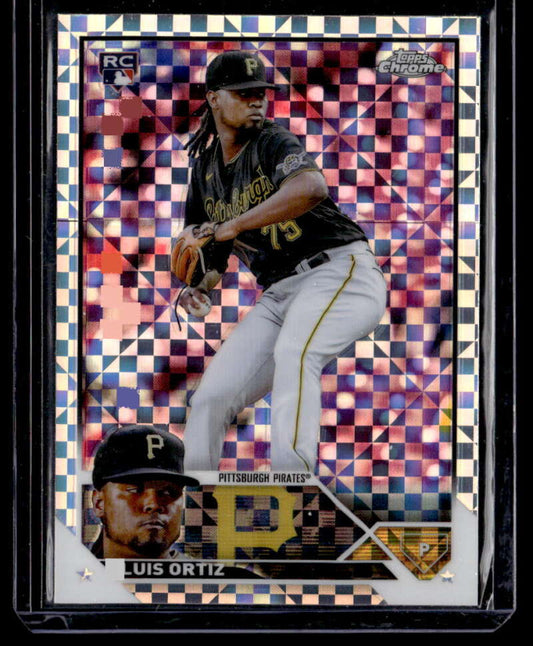 Chrome refractor baseball card of Luis Ortiz, Pittsburgh Pirates pitcher in gray uniform