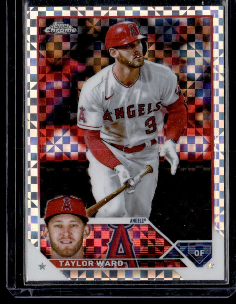 Baseball card of Taylor Ward in Los Angeles Angels uniform with checkered background