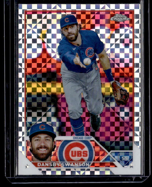 Baseball card of Dansby Swanson in blue Chicago Cubs uniform, Topps Chrome X-Fractor