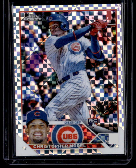 Baseball card of Christopher Morel, Rookie Chicago Cubs player with holographic overlay