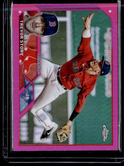 Pink-bordered baseball card of Trevor Story making a diving play for the Boston Red Sox