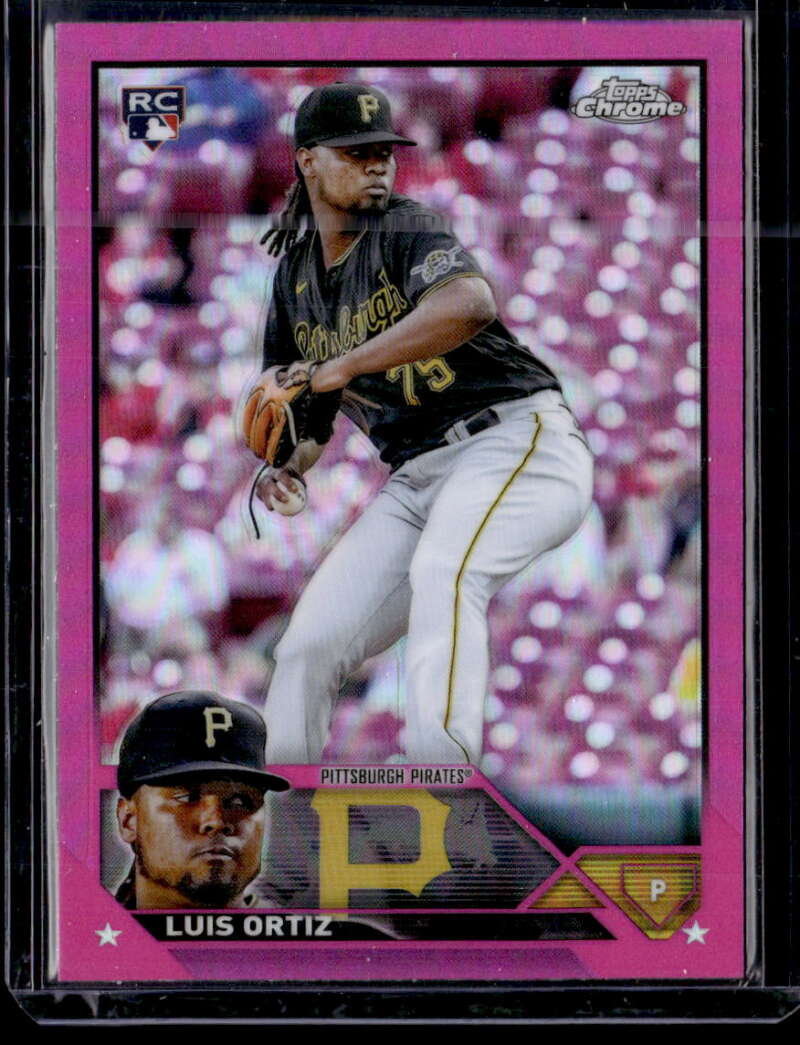 Pink-bordered Luis Ortiz Pittsburgh Pirates baseball card featuring a pitcher in black uniform