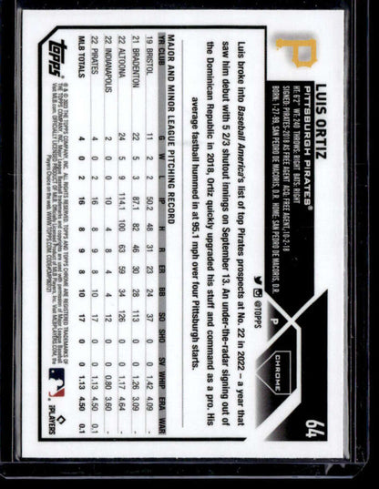 Back side of 2023 Topps Chrome Refractor Pink Luis Ortiz baseball card with stats