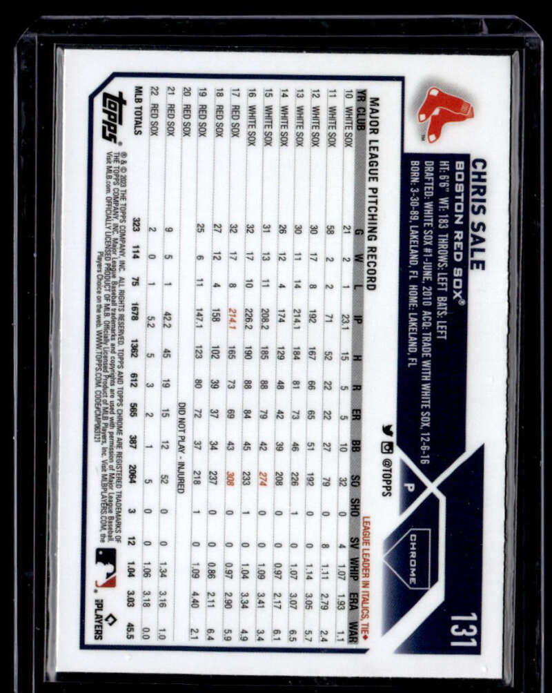 Baseball card featuring Chris Sale statistics, Boston Red Sox design, and dark border