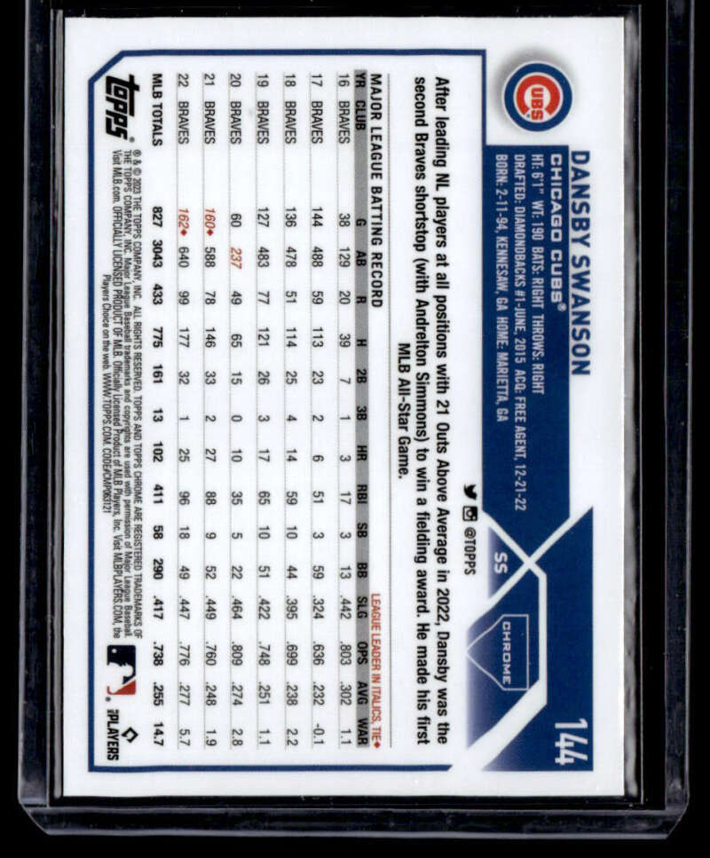 Baseball card featuring Dansby Swanson statistics for the Chicago Cubs 2023 Topps Chrome