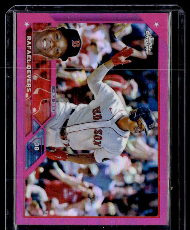 Pink-bordered 2023 Topps Chrome Refractor card of Rafael Devers, Boston Red Sox player