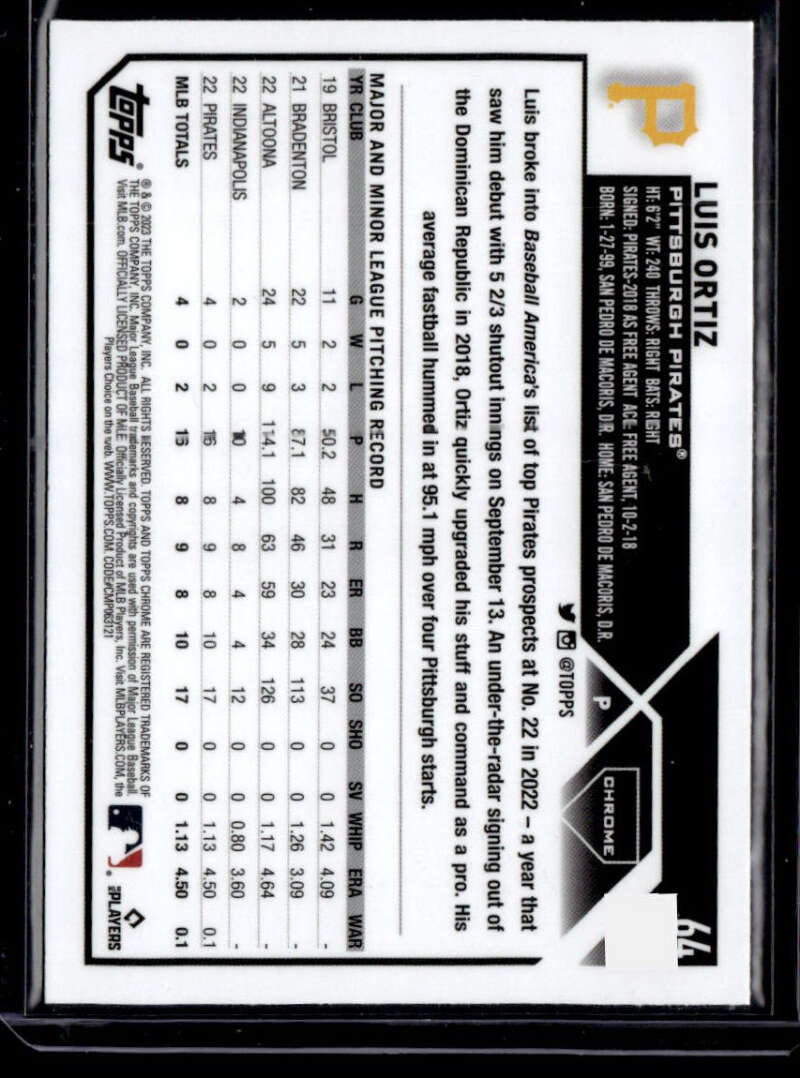 Luis Ortiz Pittsburgh Pirates Baseball Card with Refractor Negative stats grid