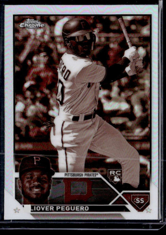 Baseball trading card of Liover Peguero in batting stance from Topps Chrome Refractor Negative