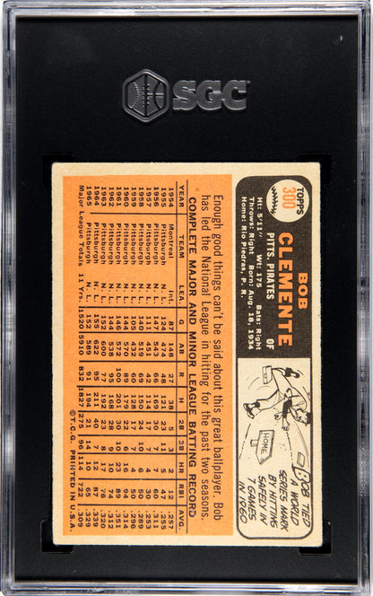 Vintage 1966 Topps #300 Roberto Clemente SGC card with orange back and player stats