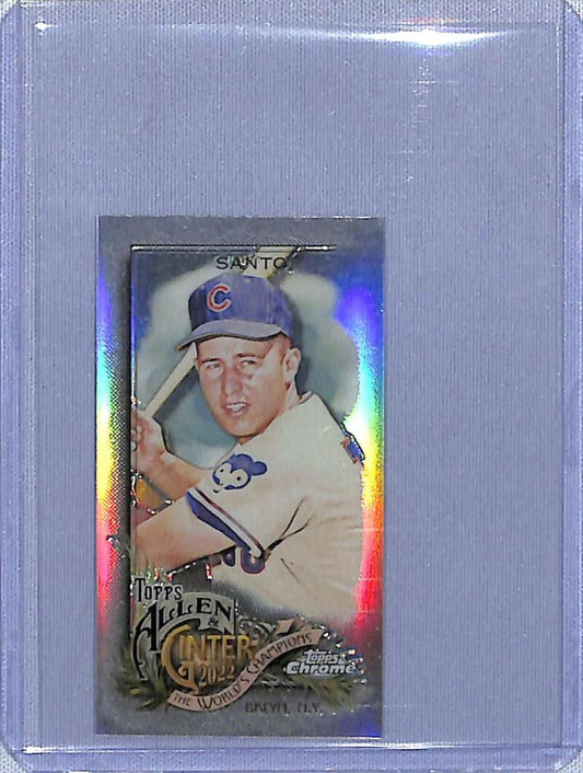 Holographic Ginter Chrome Mini Refractor card of Ron Santo in batting stance for Chicago Cubs