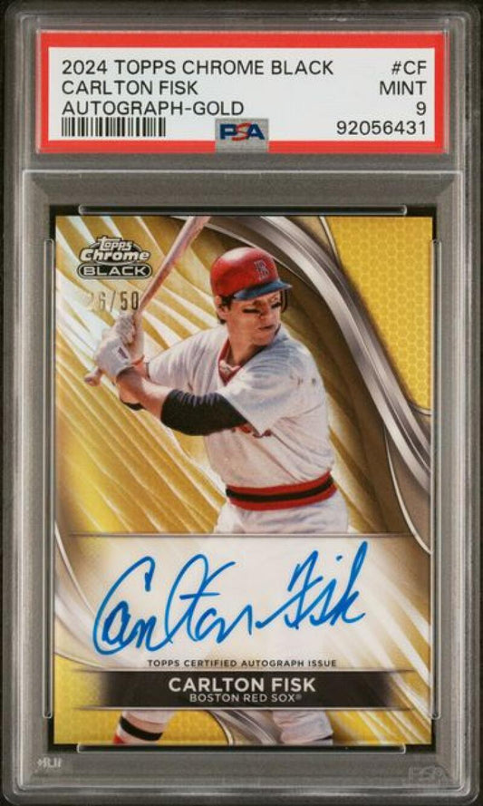 PSA 9 Mint autographed gold parallel Carlton Fisk baseball card Boston Red Sox 2024 Topps Chrome Black