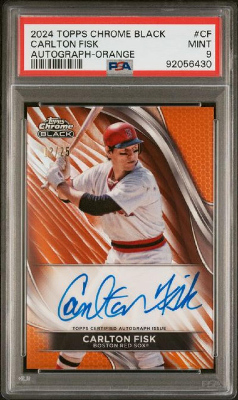 PSA-graded 2024 Topps Chrome Black Refractor Orange Carlton Fisk Autographed Baseball Card