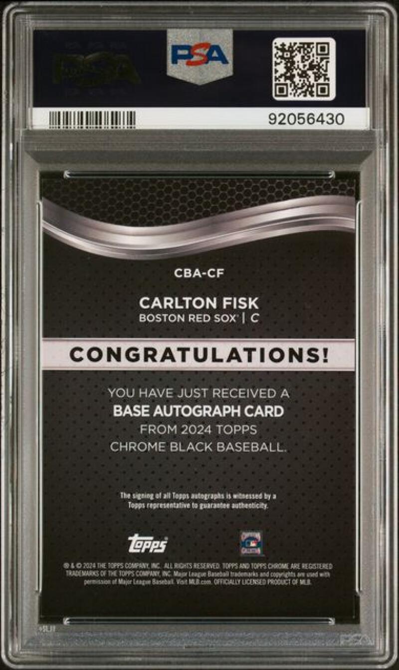 Back of 2024 Topps Chrome Black Refractor Orange Carlton Fisk Baseball Card PSA 9 MINT