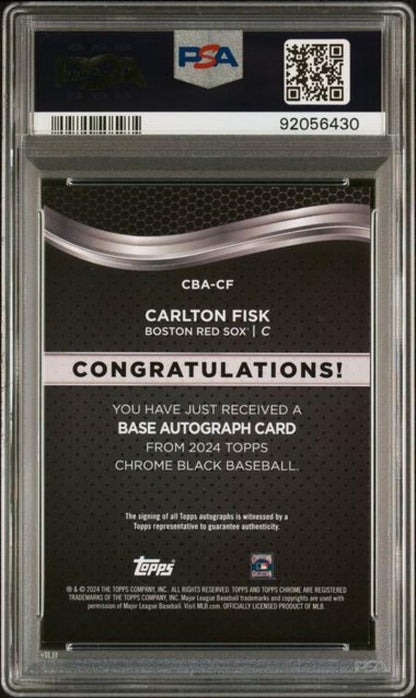 Back of 2024 Topps Chrome Black Refractor Orange Carlton Fisk Baseball Card PSA 9 MINT