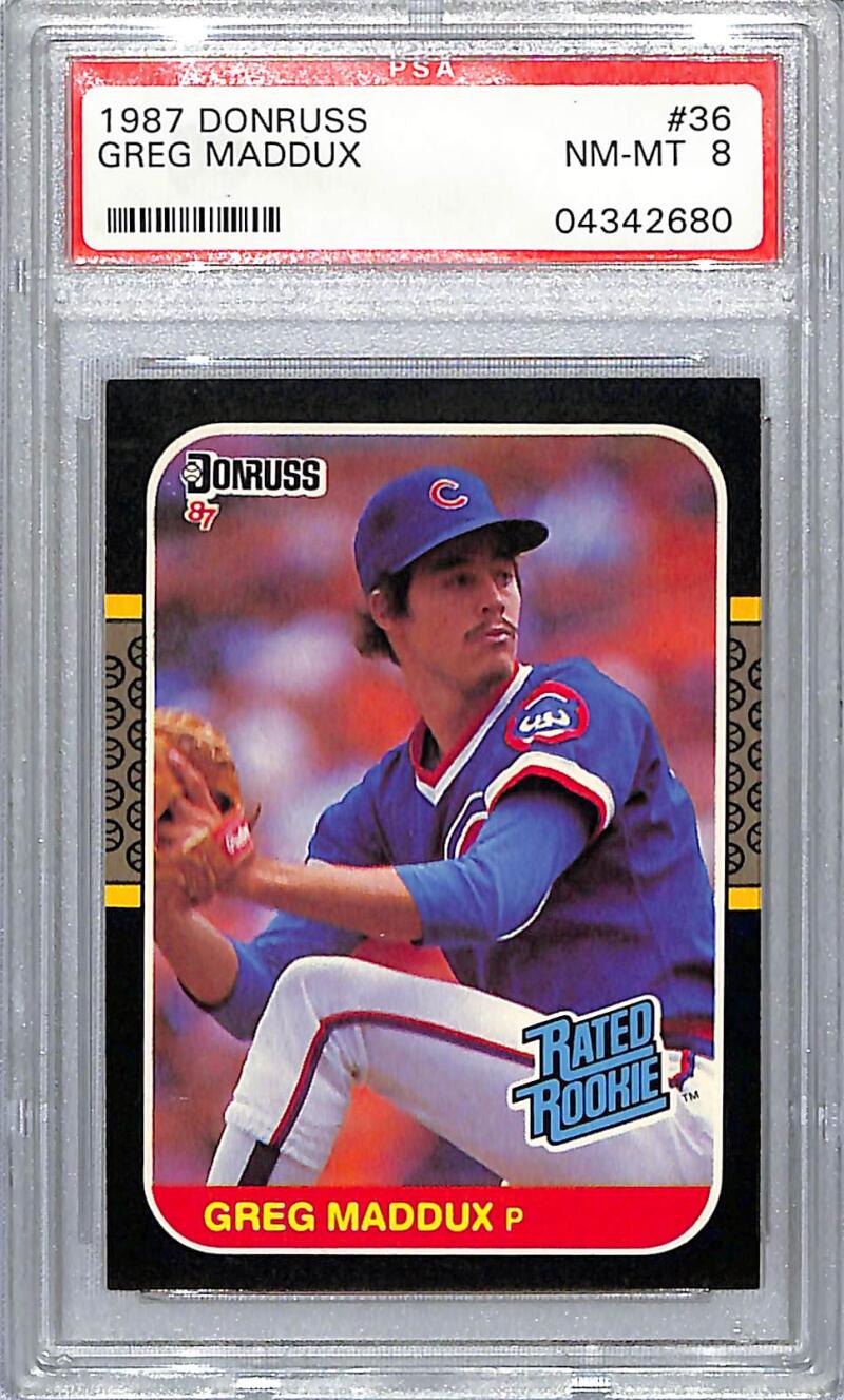 PSA-graded 1987 Donruss Greg Maddux baseball card featuring Chicago Cubs pitcher in action