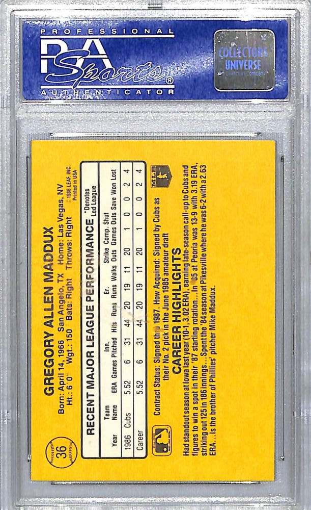 PSA-graded 1987 Donruss Greg Maddux rookie baseball card in protective holder