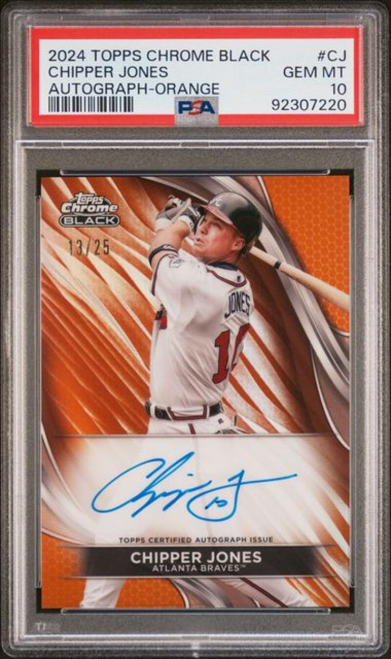 PSA 10 GEM MINT Chipper Jones 2024 Topps Chrome Black baseball card with autograph 18/25