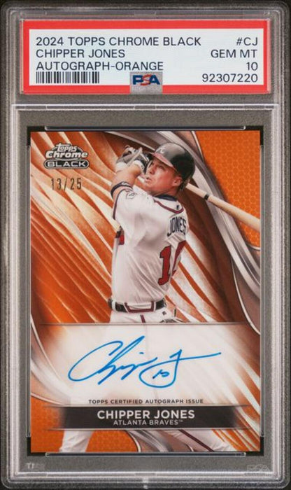 PSA 10 GEM MINT Chipper Jones 2024 Topps Chrome Black baseball card with autograph 18/25