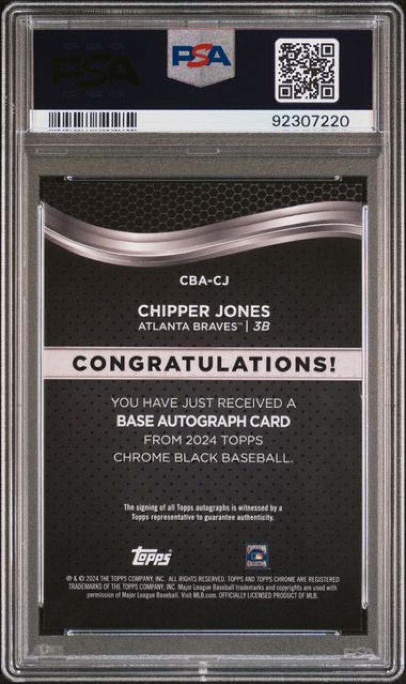 Back side of a PSA 10 GEM MINT Chipper Jones baseball card from 2024 Topps Chrome Black