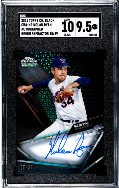 Signed 2021 Topps Chrome Black baseball card of Nolan Ryan with Texas Rangers in action