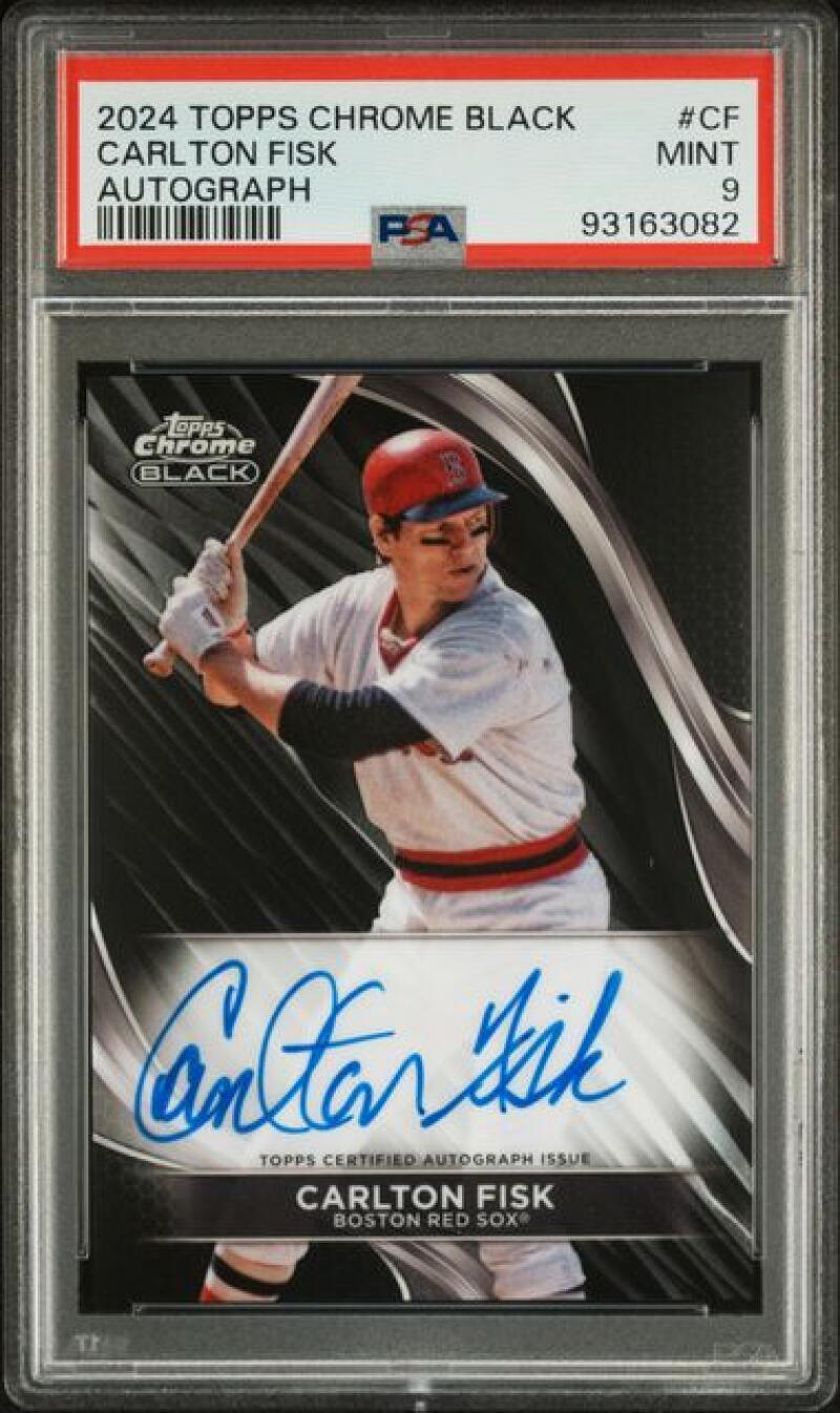 PSA-graded 2024 Topps Chrome Black Carlton Fisk autographed baseball card in batting stance