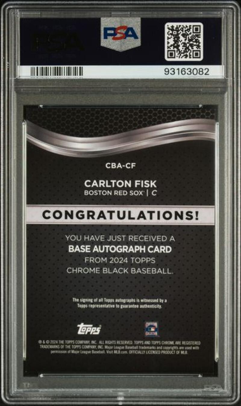 Back of PSA 9 Mint Carlton Fisk Topps Chrome Black Autograph Card for Red Sox collectors