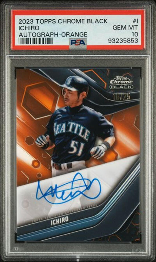 2023 Topps Chrome Black Refractor Orange #CBA-I Ichiro PSA 10 GEM MINT Auto 16/25 Seattle Mariners Baseball Card Image 1