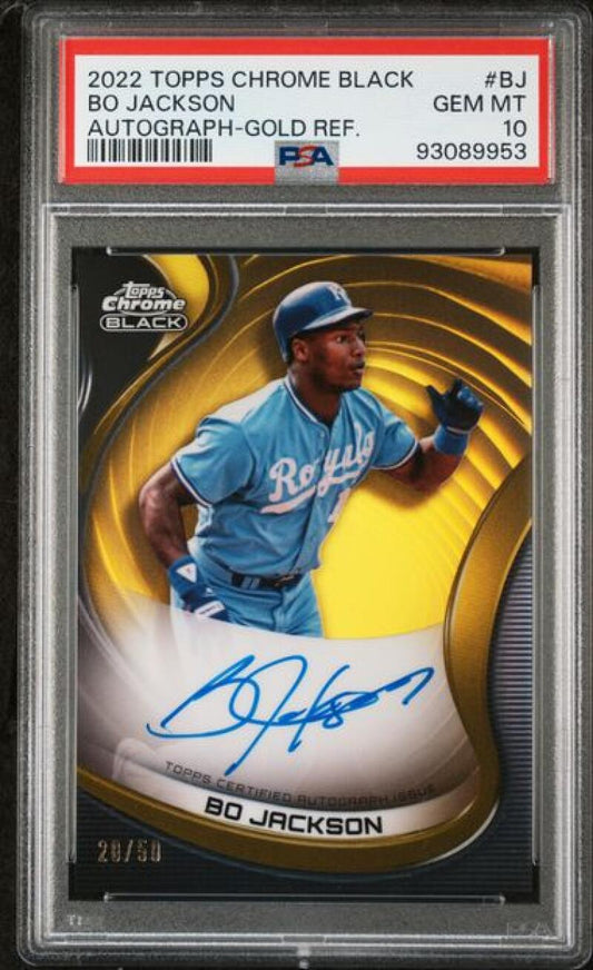 2022 Topps Chrome Black Refractor Gold #CBA-BJ Bo Jackson PSA 10 GEM MINT Auto 20/50 Kansas City Royals Baseball Card Image 1