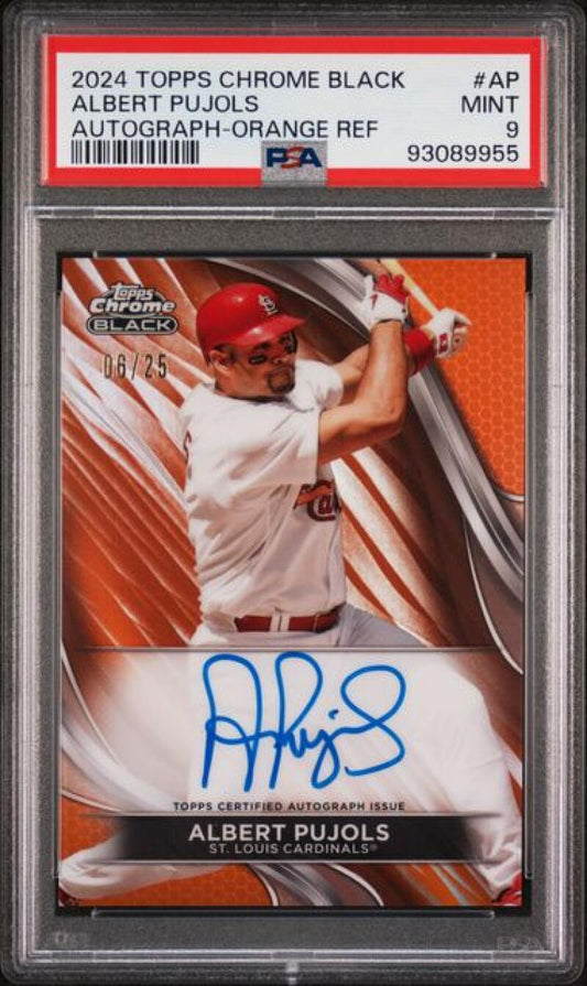 2024 Topps Chrome Black Refractor Orange #CBA-AP Albert Pujols PSA 9 MINT Auto 6/25 St. Louis Cardinals Baseball Card Image 1