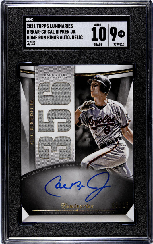 2021 Topps Luminaries Hit Kings Relics #HKAR-CR Cal Ripken Jr. SGC 9 MINT MEM Auto 3/15 Baltimore Orioles Baseball Card Image 1