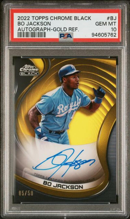 2022 Topps Chrome Black Refractor Gold #CBA-BJ Bo Jackson PSA 10 GEM MINT Auto 5/50 Kansas City Royals Baseball Card Image 1