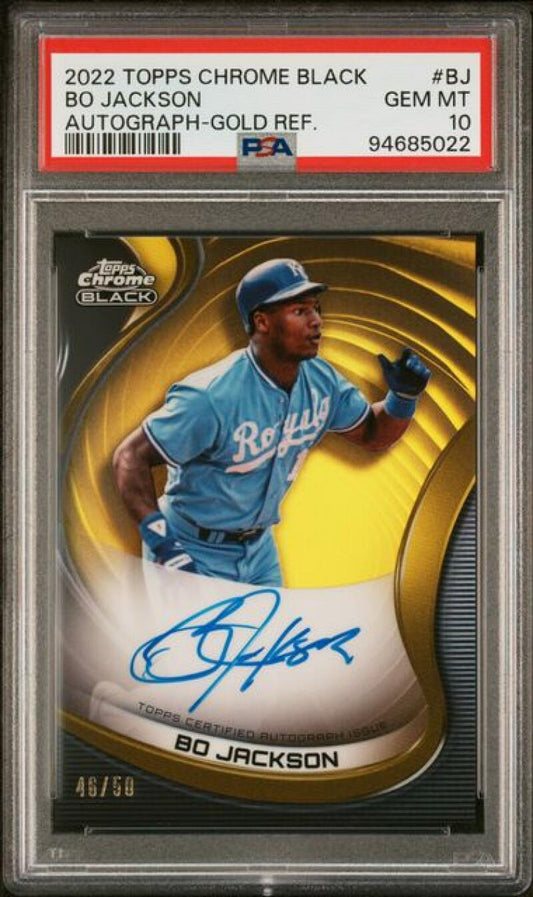 2022 Topps Chrome Black Refractor Gold #CBA-BJ Bo Jackson PSA 10 GEM MINT Auto 46/50 Kansas City Royals Baseball Card Image 1