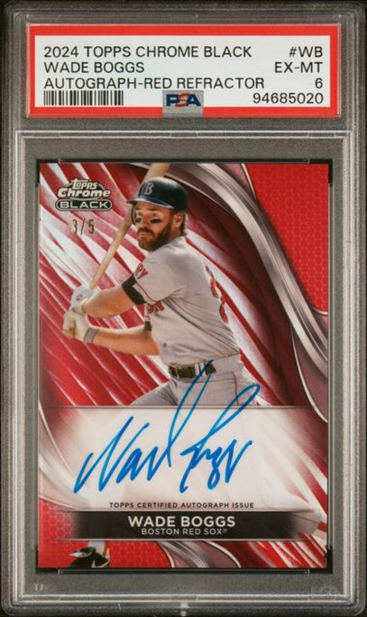 PSA-graded Wade Boggs 2024 Topps Chrome Black baseball card on red background