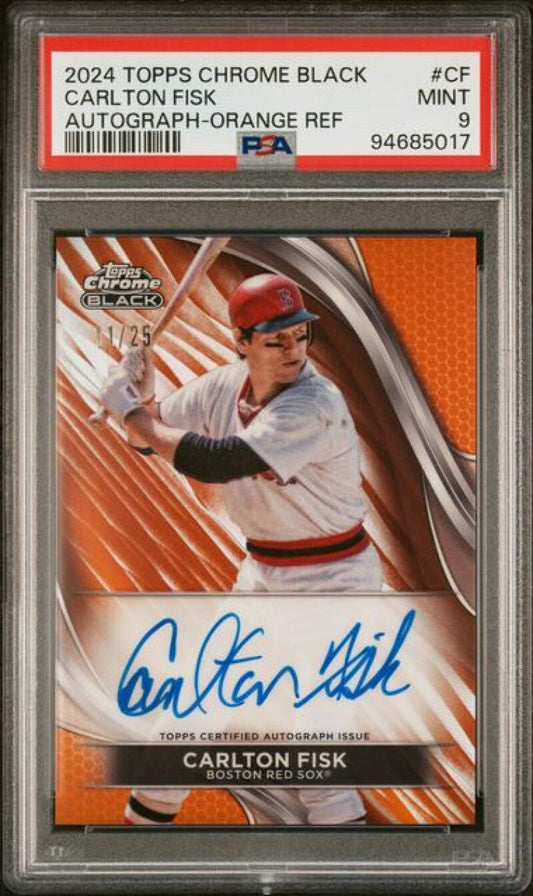 PSA-graded 2024 Topps Chrome Black Carlton Fisk autographed baseball card Boston Red Sox