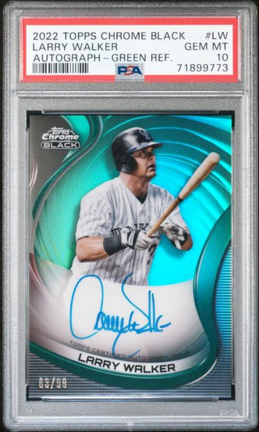 2022 Topps Chrome Black Refractor Green #CBA-LW Larry Walker PSA 10 GEM MINT Auto 63/99 Colorado Rockies Baseball Card Image 1