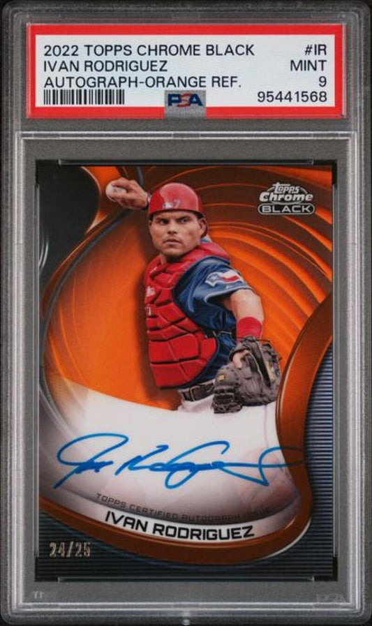 PSA-graded 2022 Topps Chrome Black Refractor autographed Ivan Rodriguez baseball card