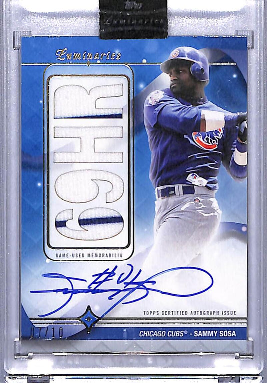 Baseball card of Sammy Sosa in blue uniform with autograph from Topps Luminaries