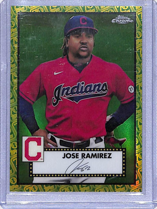 Cleveland Indians Baseball Card of Jose Ramirez in Red Cap with Green Yellow Refractor Design