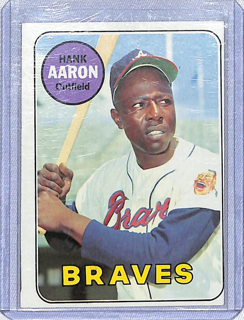 Vintage Hank Aaron baseball card in batting pose for Atlanta Braves collectors