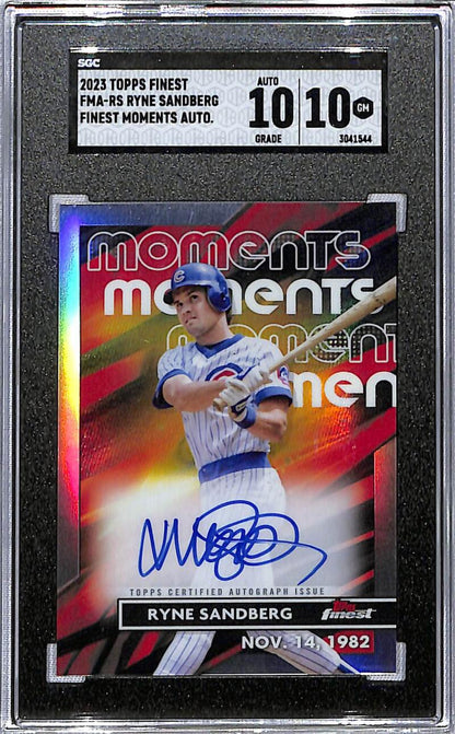 Graded baseball card featuring Ryne Sandberg’s autograph in 2023 Topps Finest Moments design