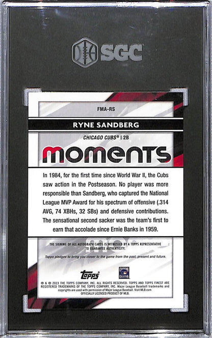 Back of Chicago Cubs Ryne Sandberg baseball card detailing 1984 MLB moments