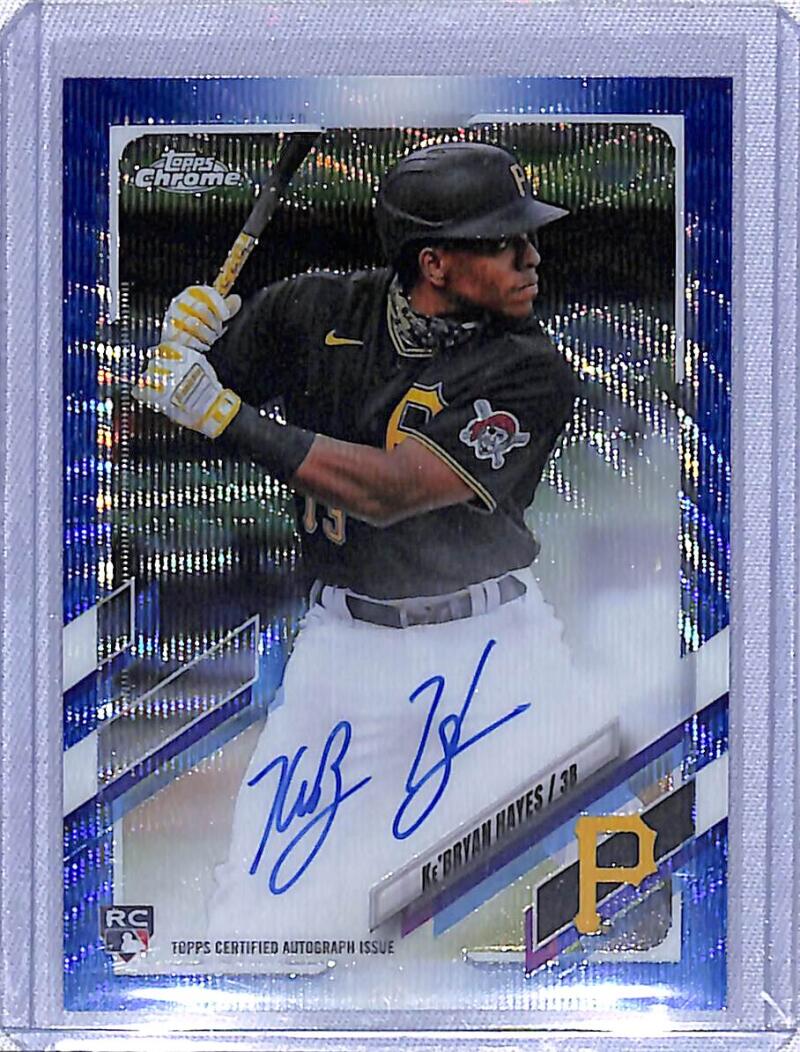 Signed Ke’Bryan Hayes Pittsburgh Pirates Baseball Card with blue chrome border and autograph